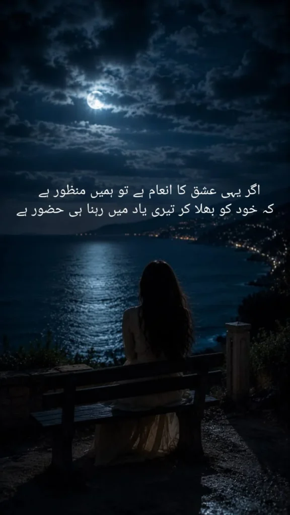 girl sitting alone on a bench looking at the moon and sea, junoon shayari
