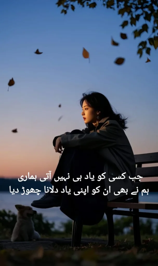girl sitting alone by a lake at sunset, urdu poetry about giving up on people who forget you