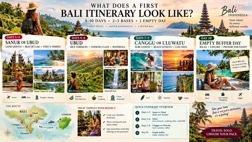 bali solo travel itinerary for 8-10 days with ubud, canggu, uluwatu stops and route map