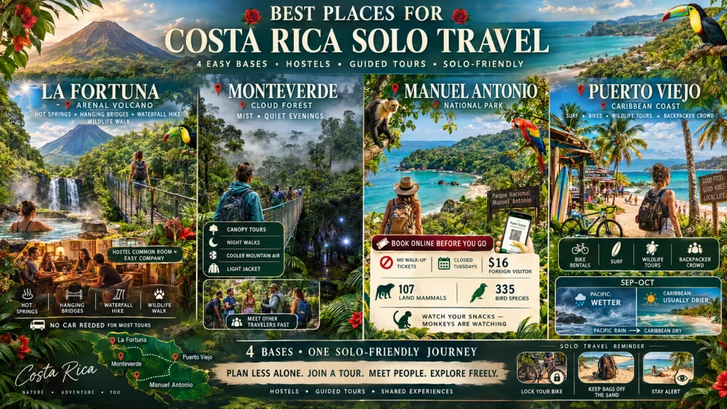 best places for costa rica solo travel: la fortuna, monteverde, manuel antonio and puerto viejo