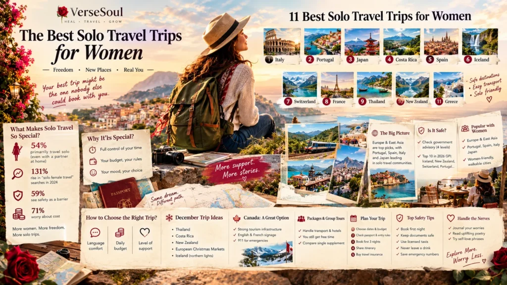 woman with backpack overlooking a coastal town on best solo travel trips for women