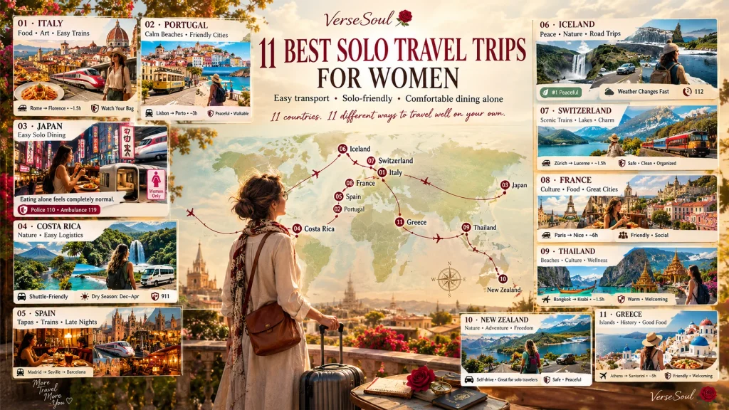 infographic of 11 best solo travel trips for women with world map and destination cards