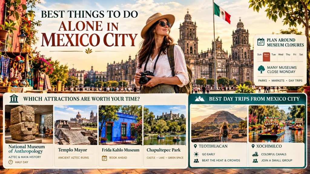 woman with camera at mexico city zocalo showing mexico city solo travel things to do