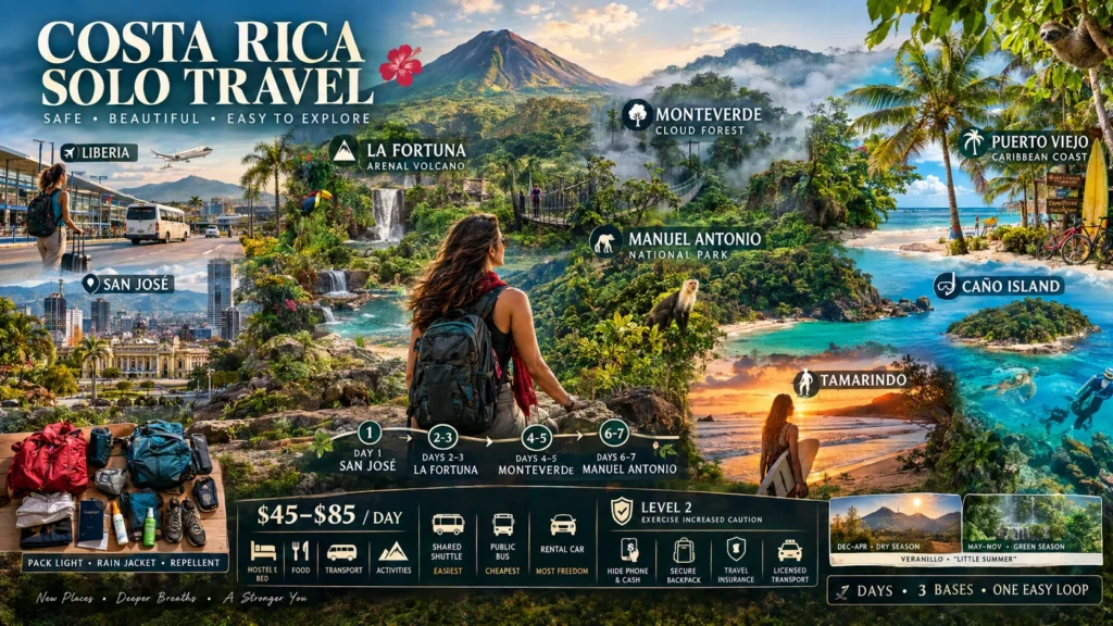 woman with backpack enjoying costa rica solo travel across volcano, cloud forest and beaches