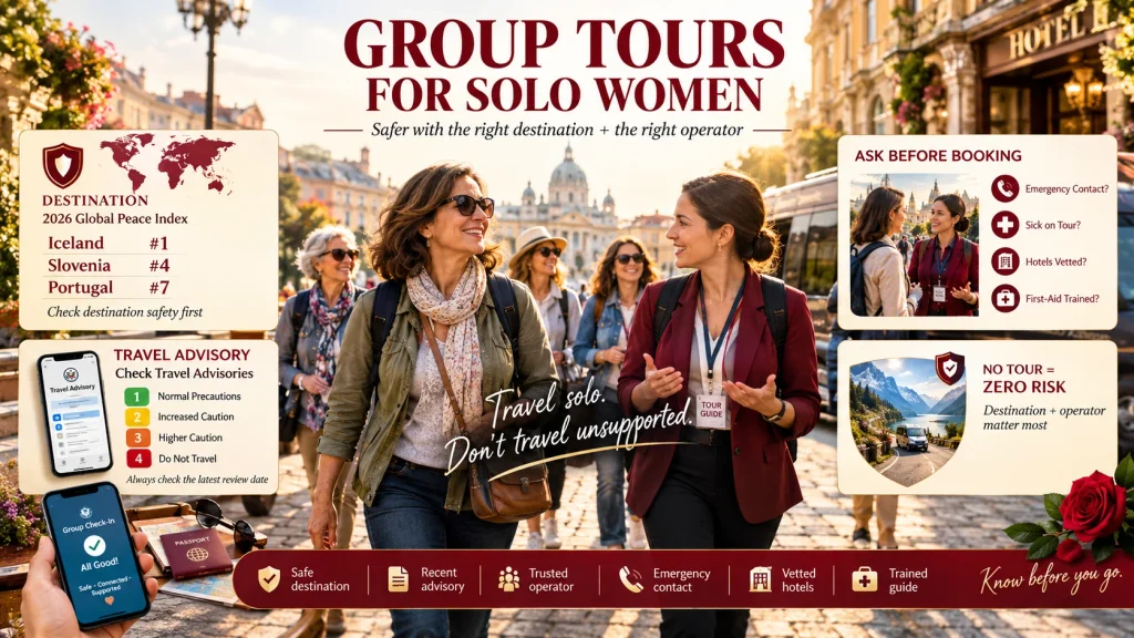 group travel tours for solo women walking with tour guide on european cobblestone street