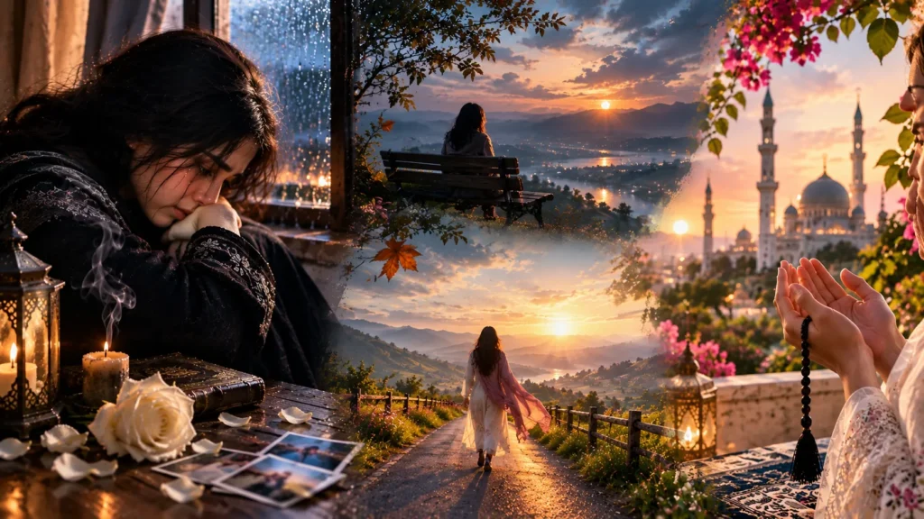 heartbreak poem collage showing a tearful woman at a rainy window and a sunset path