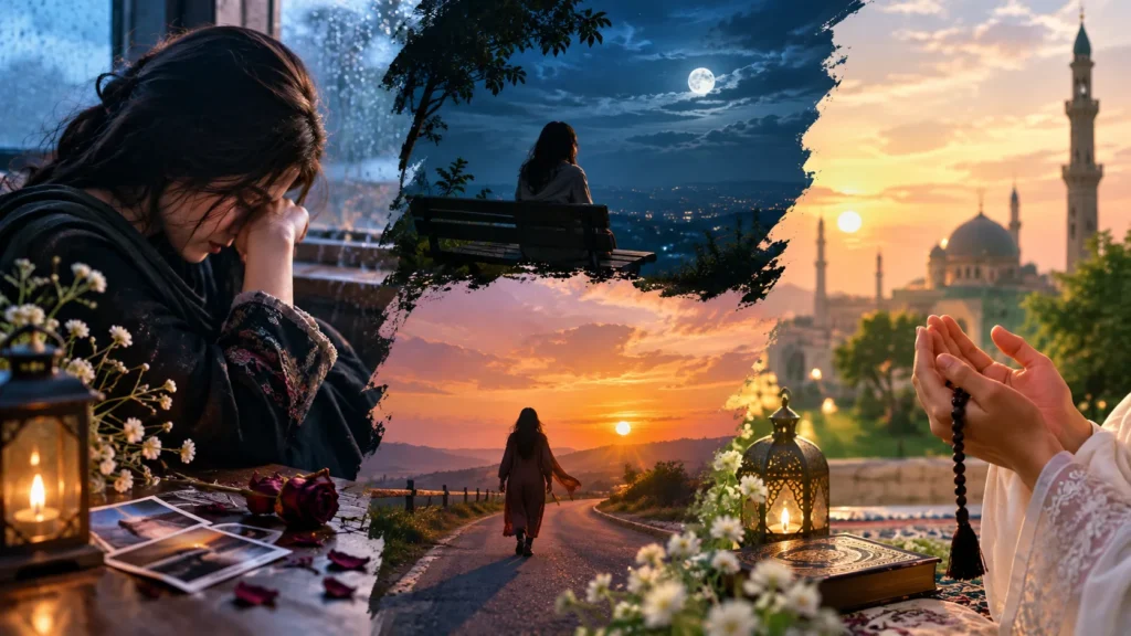 woman crying, then walking toward sunset and praying with dua beads, urdu heartbreak poetry