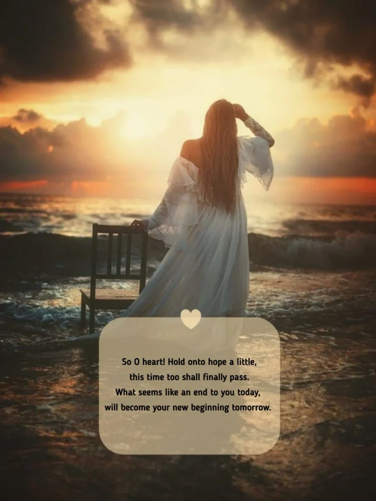 woman in white dress standing by chair on sunset beach, hope after heartbreak poem