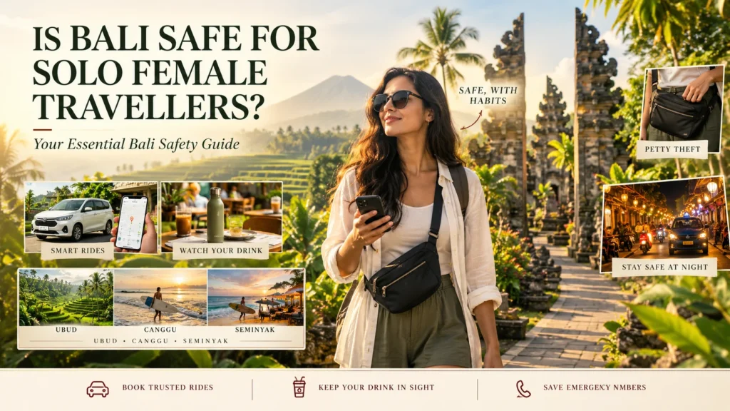 is bali safe for solo female travellers woman with crossbody bag at balinese temple gates