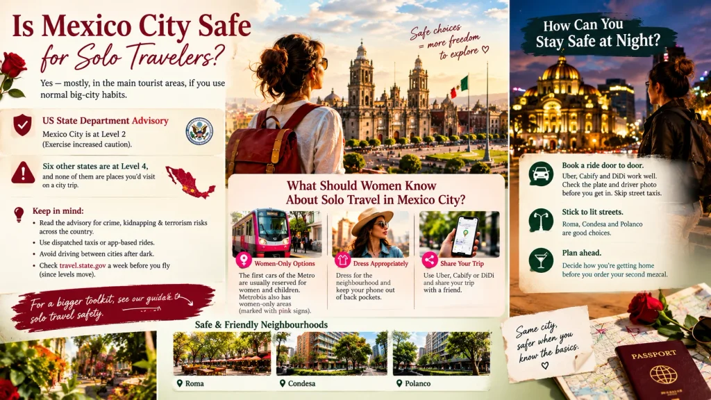 woman with red backpack facing mexico city cathedral during mexico city solo travel safety tips