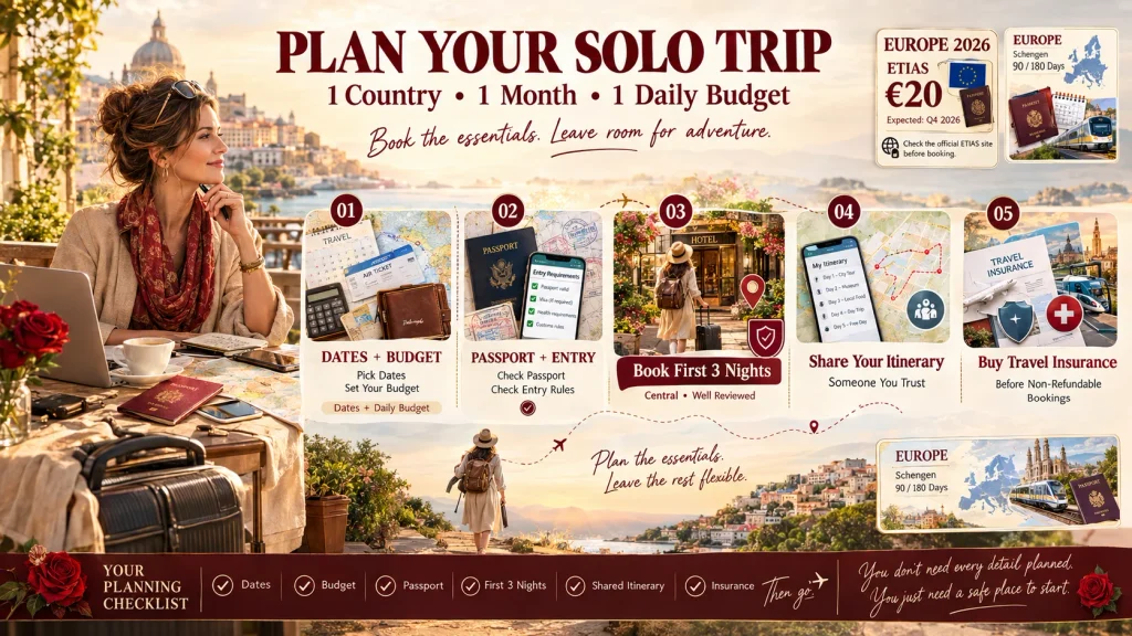 woman planning solo travel trips for women with a five step checklist and passport