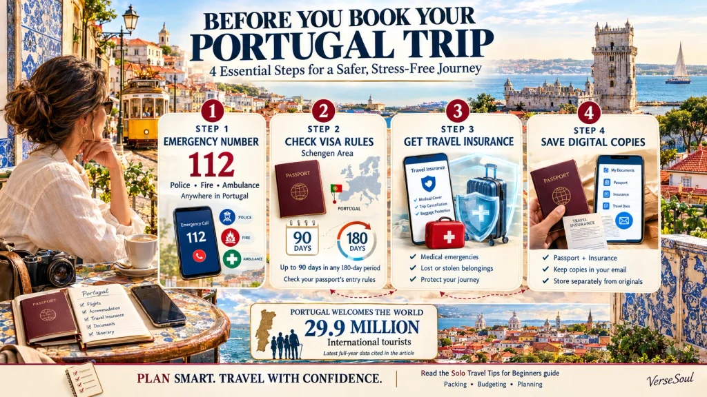 woman planning portugal trip with passport and checklist, safety steps for solo female travellers