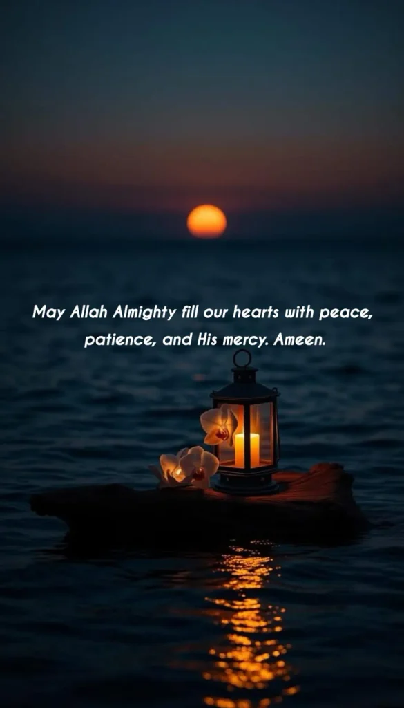 lantern and flowers on driftwood floating on the sea at sunset, a prayer for peace