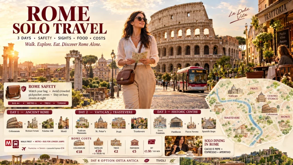 woman with sunglasses walking toward the colosseum in a rome solo travel itinerary