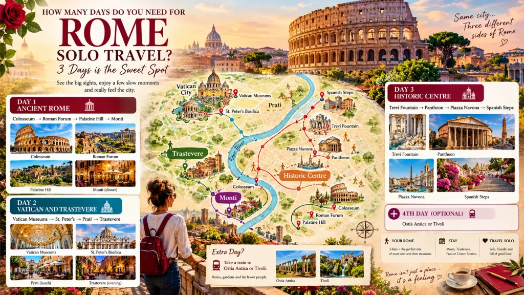 backpacker woman overlooking a rome solo travel map with a 3 day itinerary of landmarks