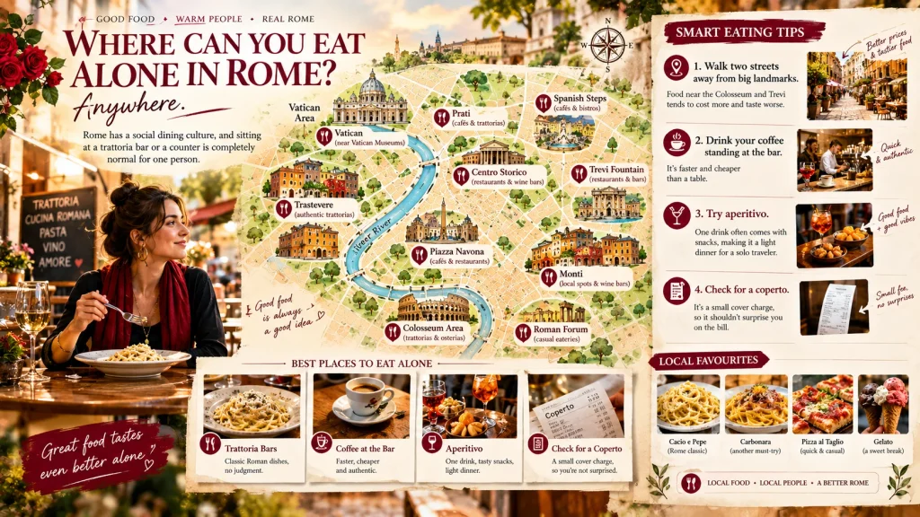 woman enjoying pasta alone at a roman trattoria beside a rome solo travel food map