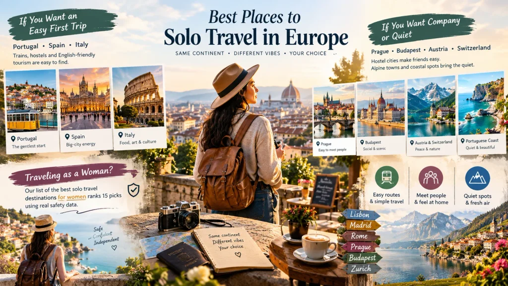 solo travel europe tips for the best places, with a woman backpacker overlooking a city