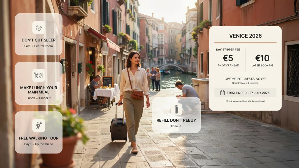 solo travel europe tips in venice 2026, woman pulling a suitcase down a canal street