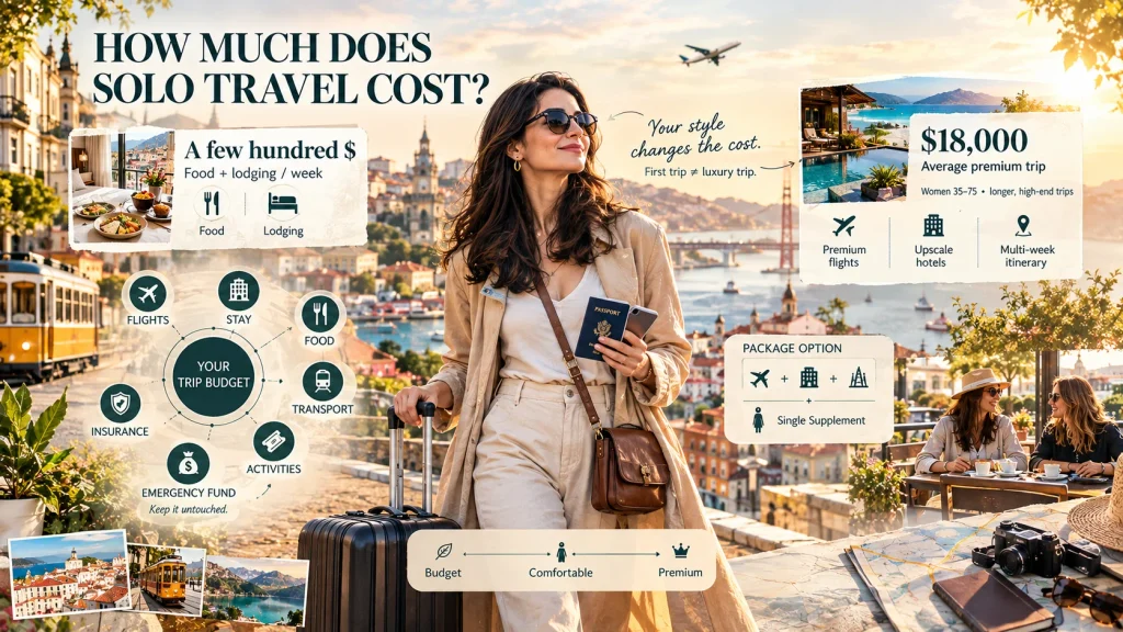 solo travel for women in their 30s infographic with safety stats, itinerary and packing list
