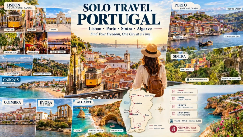 solo travel portugal collage with lisbon tram, porto riverside, sintra palace and algarve cliffs