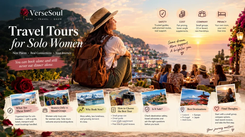 woman with suitcase checking travel tours for solo women cost and single supplement infographic