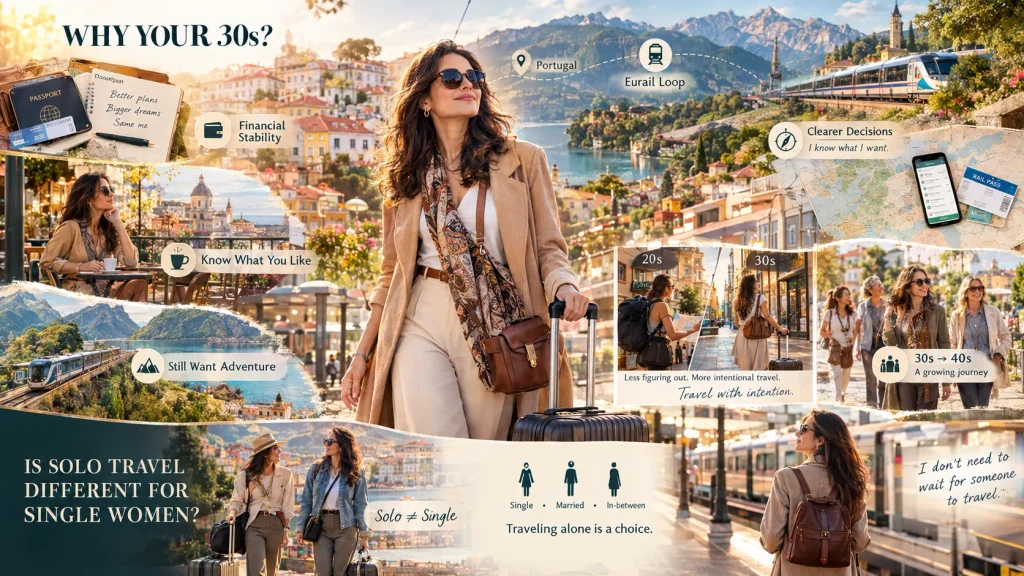 confident woman in her 30s with suitcase at train station, solo travel in your 30s